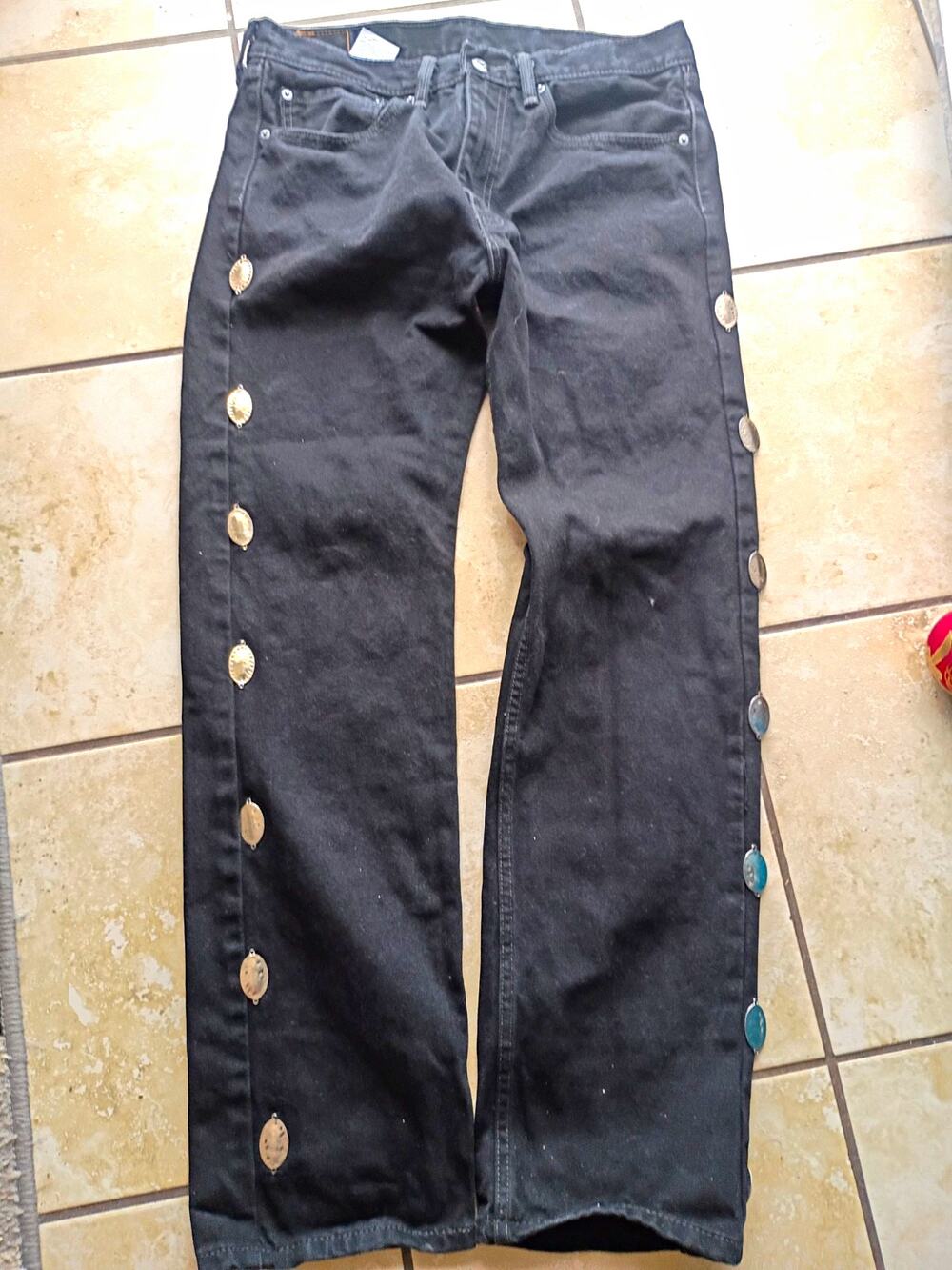 Custom Levi’s 505 Regular Straight Leg Jeans with Metal Conchos 34x32